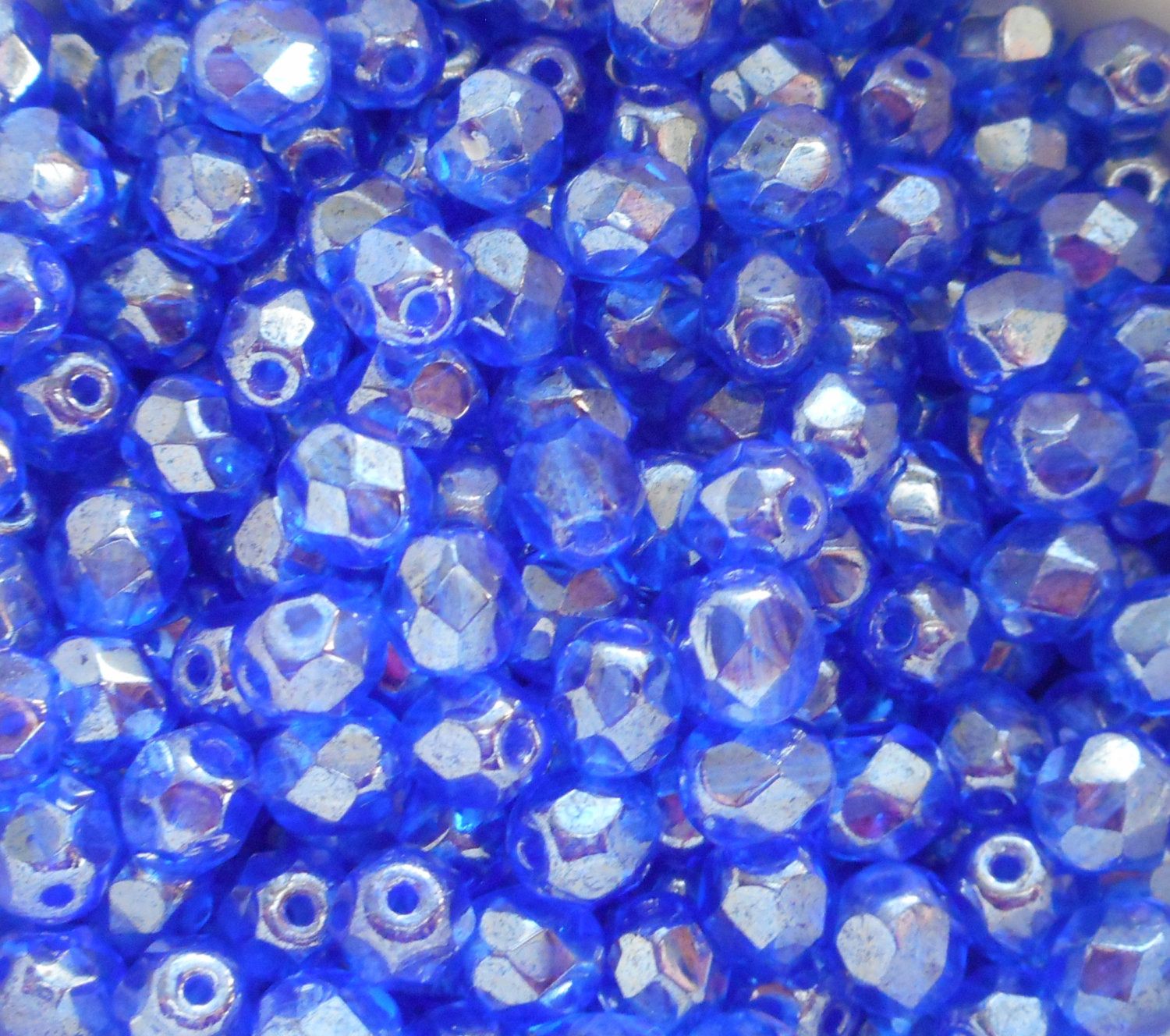 Lot of 25 6mm Sapphire Blue Iridescent Shimmer Czech glass firepolished, faceted beads, C7225 - Glorious Glass Beads