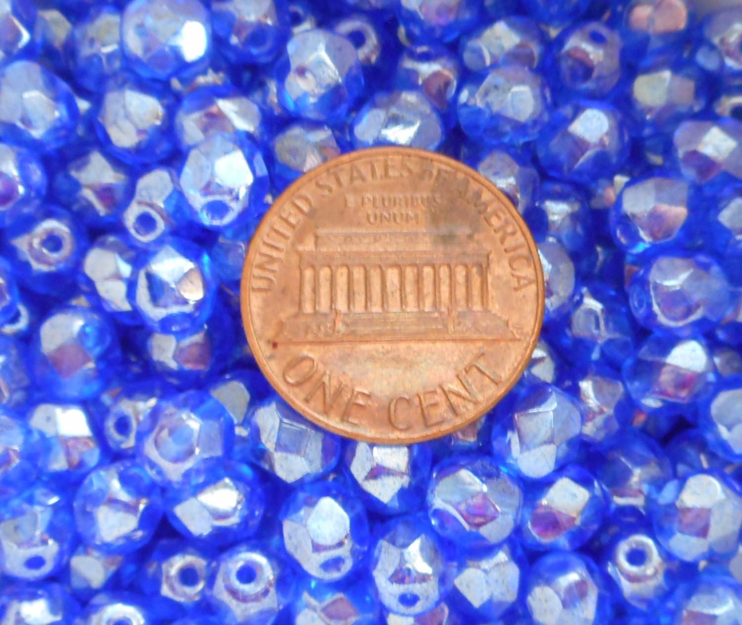 Lot of 25 6mm Sapphire Blue Iridescent Shimmer Czech glass firepolished, faceted beads, C7225 - Glorious Glass Beads