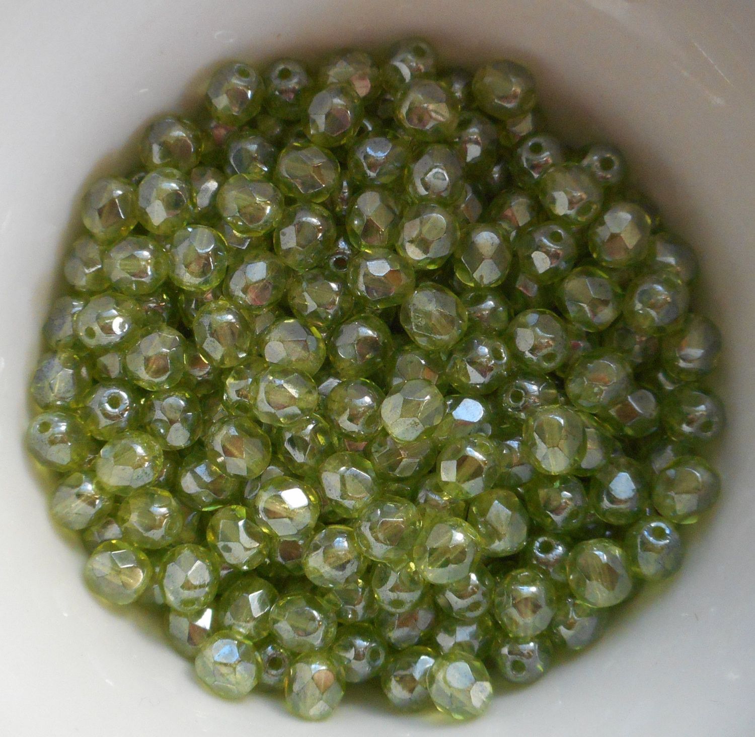 Lot of 25 6mm Olivine Green Iridescent Shimmer Czech glass firepolished, faceted beads, C6425 - Glorious Glass Beads