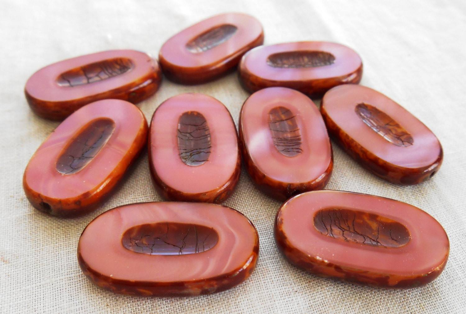 One Mauve Czech glass, carved oval, large, picasso bead, 0701 - Glorious Glass Beads