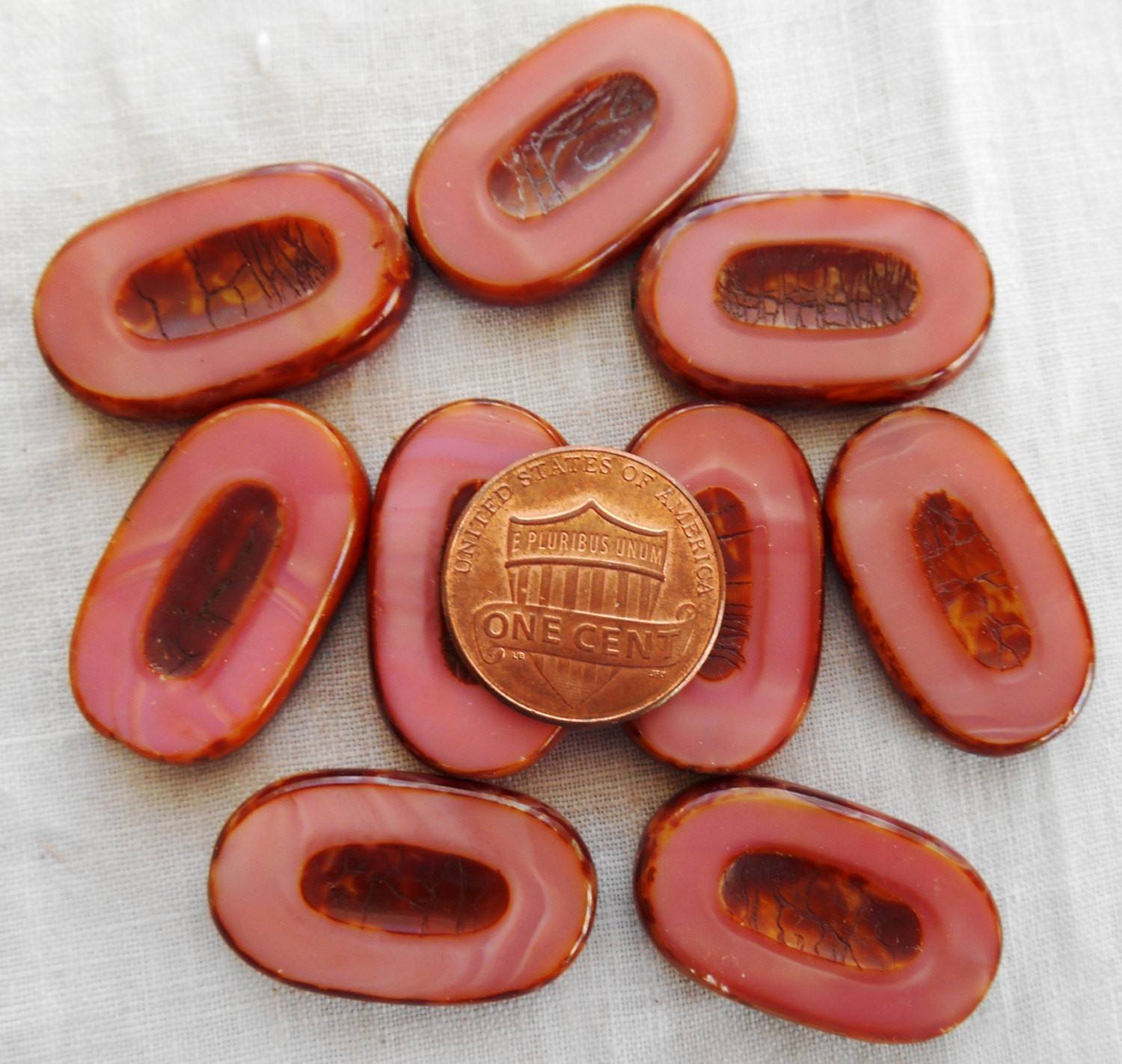 One Mauve Czech glass, carved oval, large, picasso bead, 0701 - Glorious Glass Beads