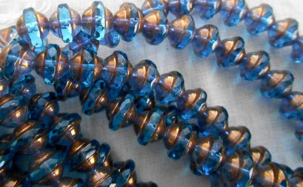 Fifteen transparent capri blue Czech glass faceted saturn or saucer bead with a bronze finish, 8mm x 10mm, C4801 - Glorious Glass Beads