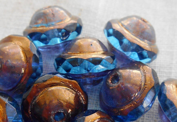Fifteen transparent capri blue Czech glass faceted saturn or saucer bead with a bronze finish, 8mm x 10mm, C4801