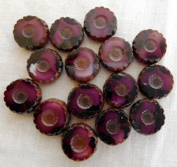 Four Czech table cut, carved, purple amethyst picasso daisy flower beads, 12mm x 4mm, C0804