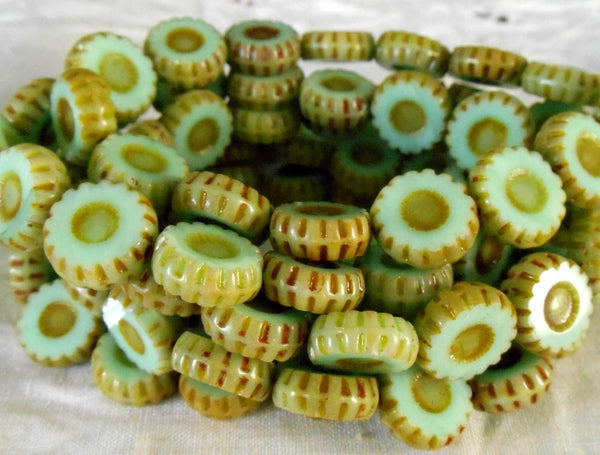 Four Czech table cut, carved, opaque mint green picasso daisy flower bead, 12mm x 4mm, C0801 - Glorious Glass Beads