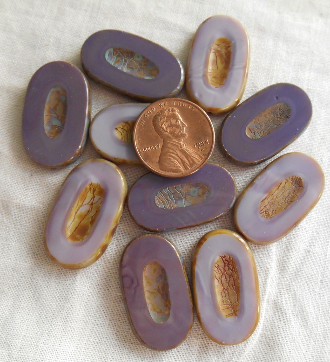 One opaque lavender, carved, large oval chunky Czech glass picasso bead,  0701 - Glorious Glass Beads
