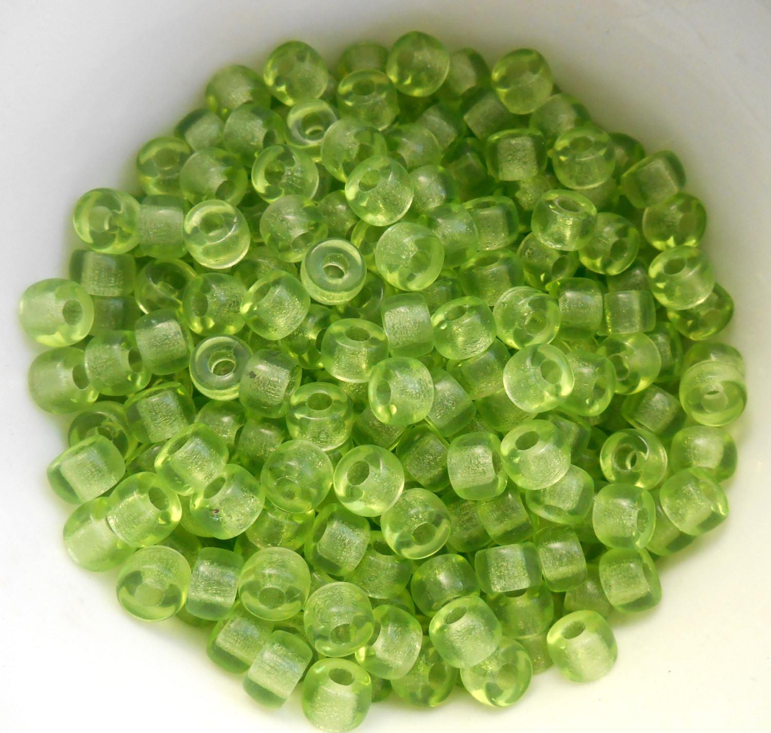 Fifty 6mm Czech glass Transparent Peridot Green pony roller beads, large hole crow beads, C6350 - Glorious Glass Beads