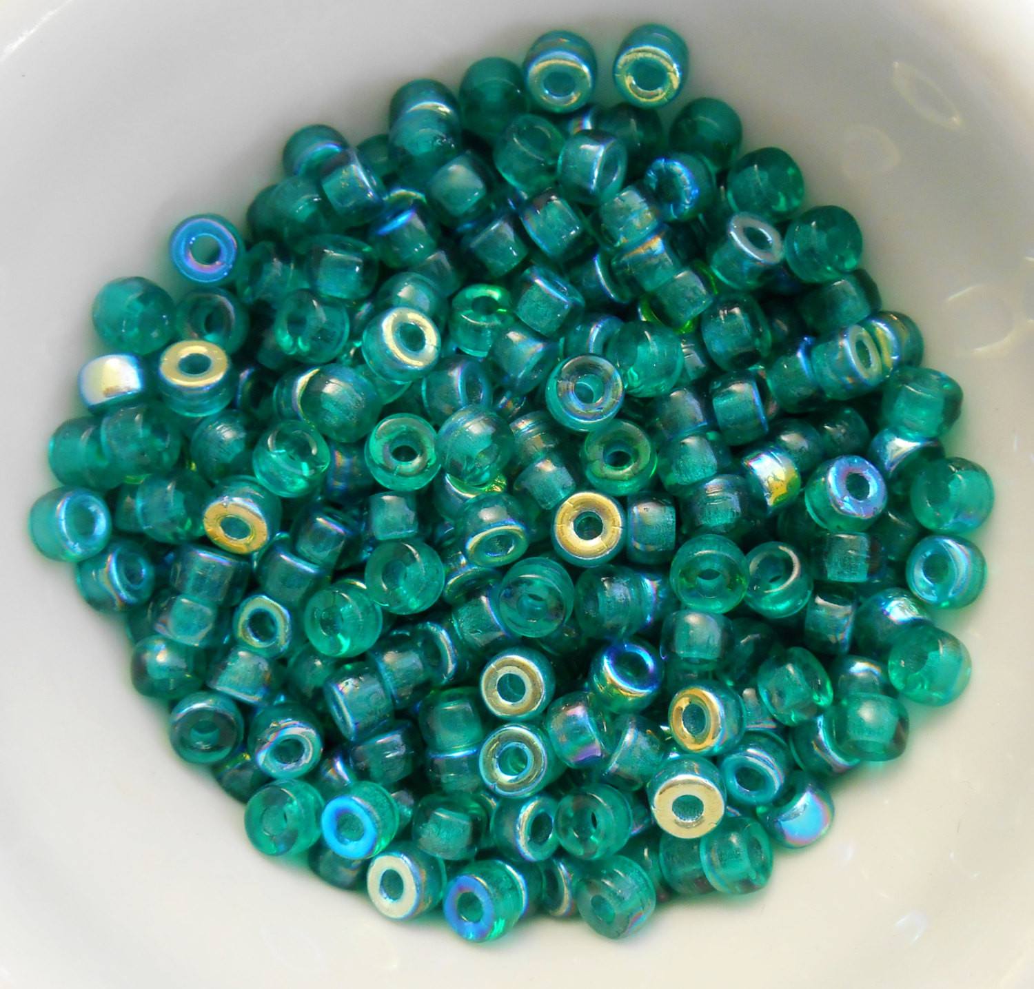 Fifty 6mm Czech glass Transparent Teal AB pony roller beads, large hole crow beads, C7450 - Glorious Glass Beads