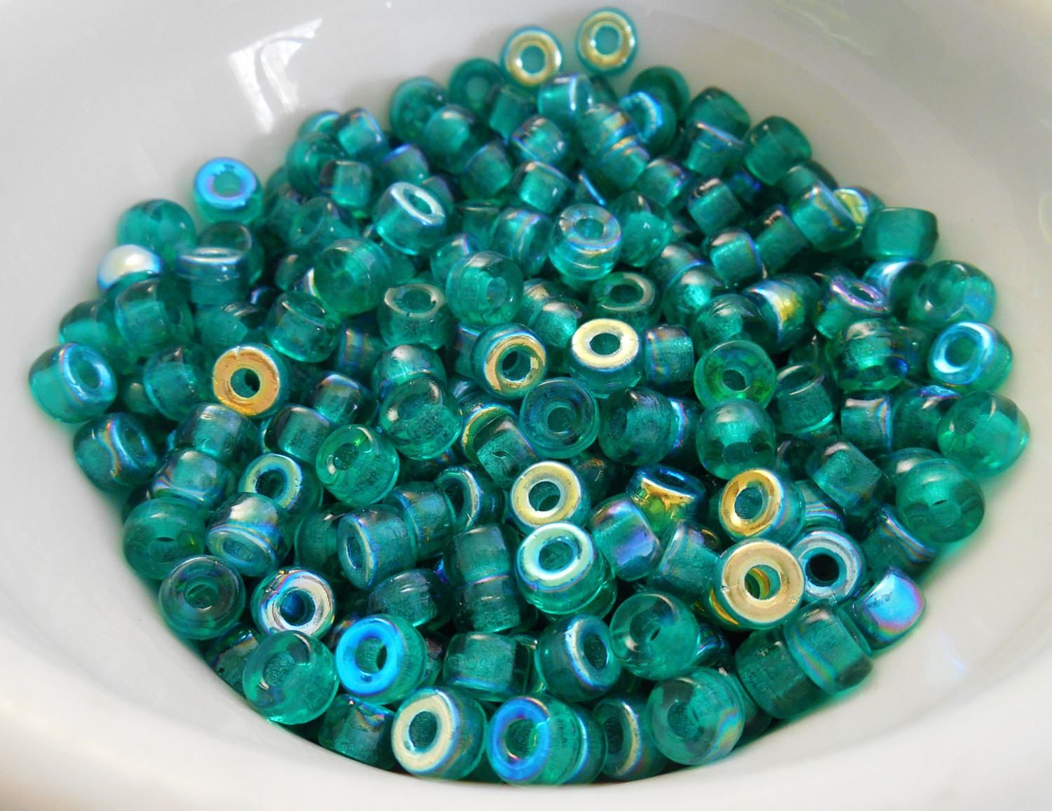 Fifty 6mm Czech glass Transparent Teal AB pony roller beads, large hole crow beads, C7450 - Glorious Glass Beads