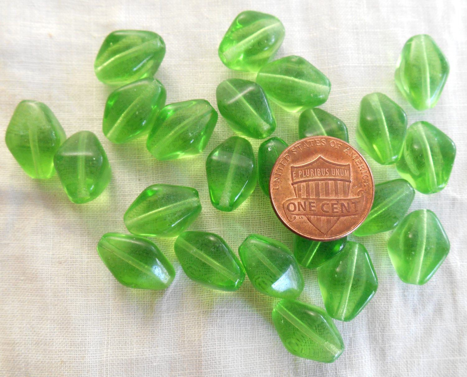 Ten Peridot Lime Green Czech glass chunky lantern, diamond or tube beads, 16 x 13mm, C1210 - Glorious Glass Beads