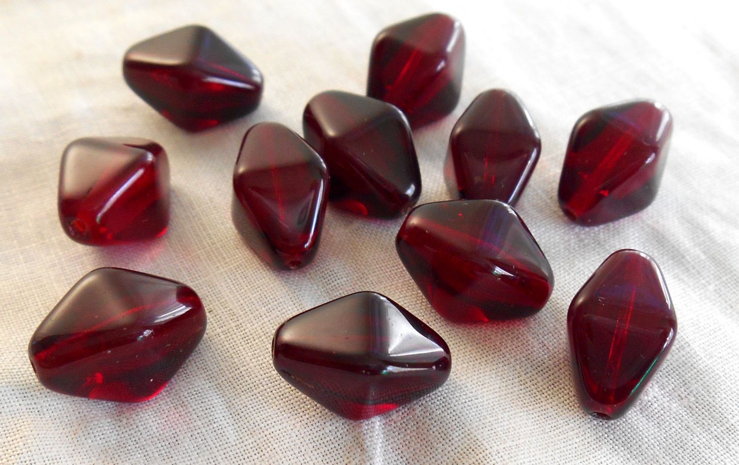 Ten Czech glass Garnet, ruby red chunky lantern, diamond or tube beads, 16 x 13mm, C4210 - Glorious Glass Beads