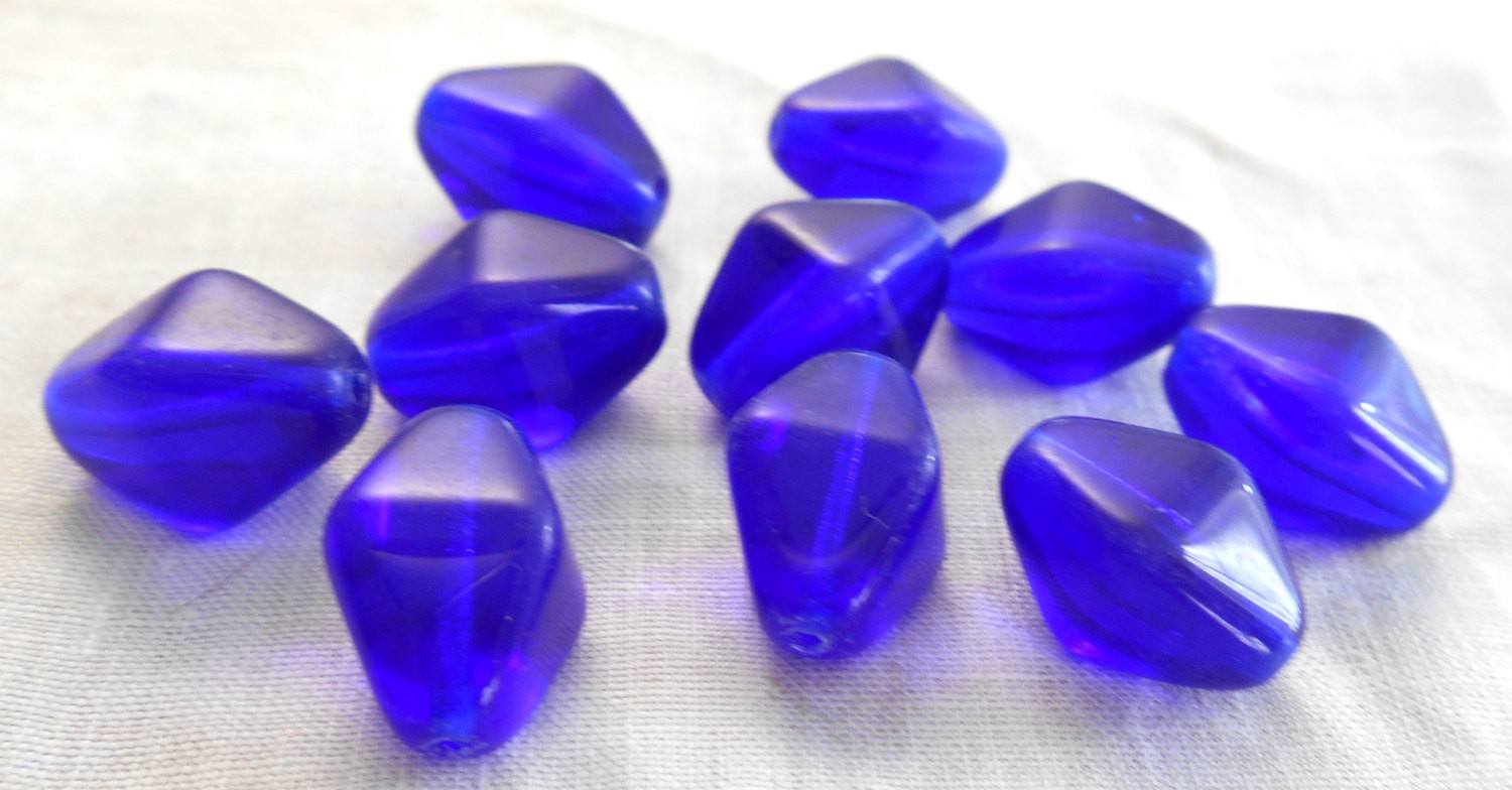 Ten cobalt blue glass chunky lantern, diamond or tube beads, 16 x 13mm, C1210 - Glorious Glass Beads