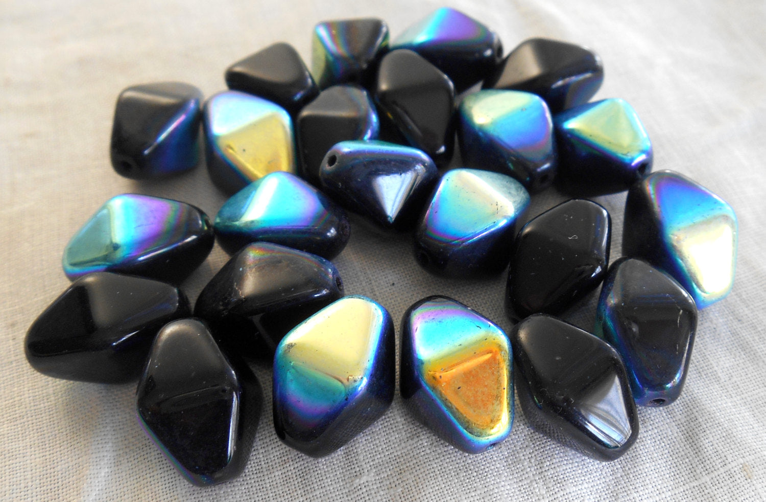 Ten 16 x 13mm opaque jet black AB glass chunky lantern, diamond or tube beads C8110 - Glorious Glass Beads