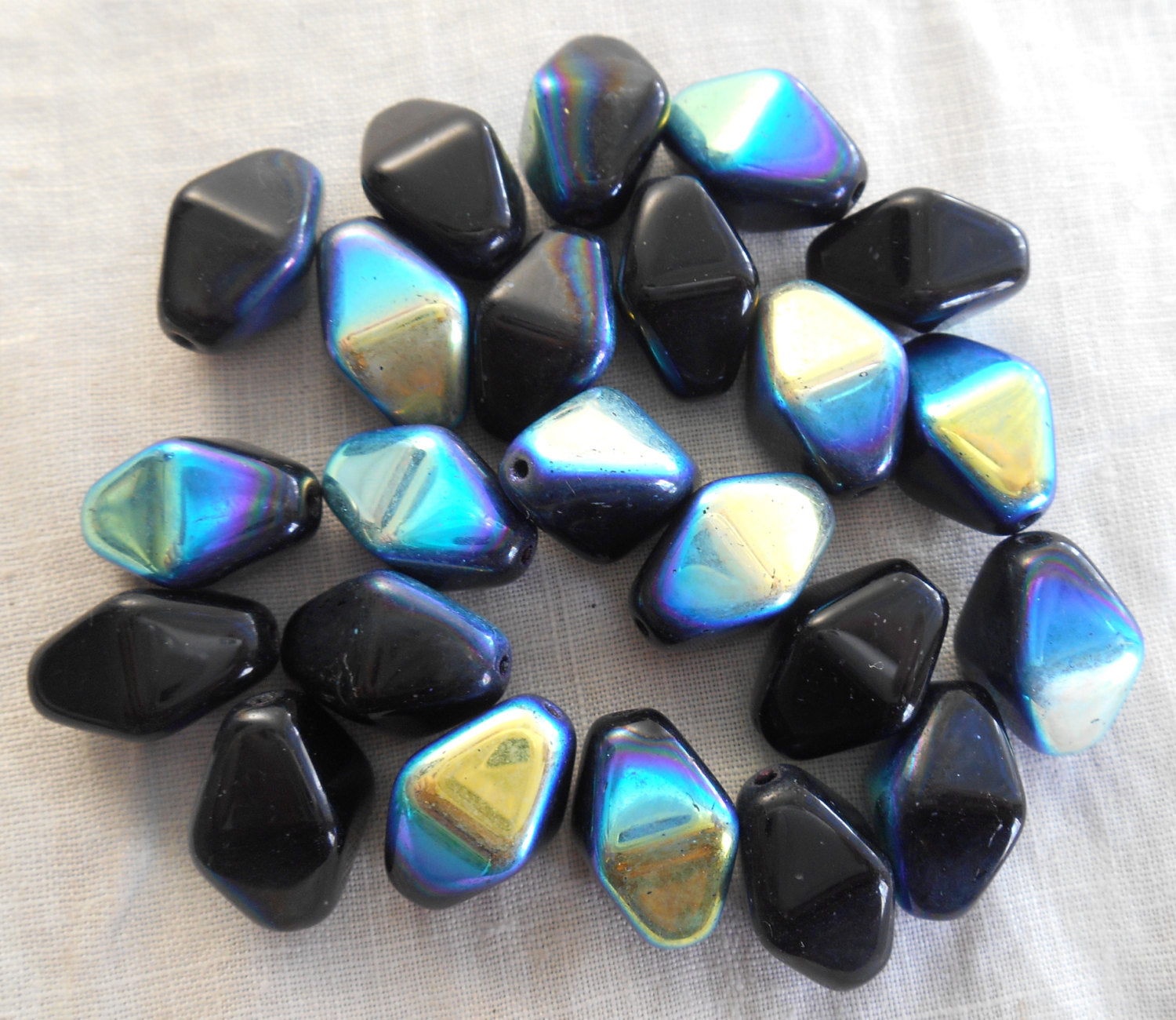Ten 16 x 13mm opaque jet black AB glass chunky lantern, diamond or tube beads C8110 - Glorious Glass Beads