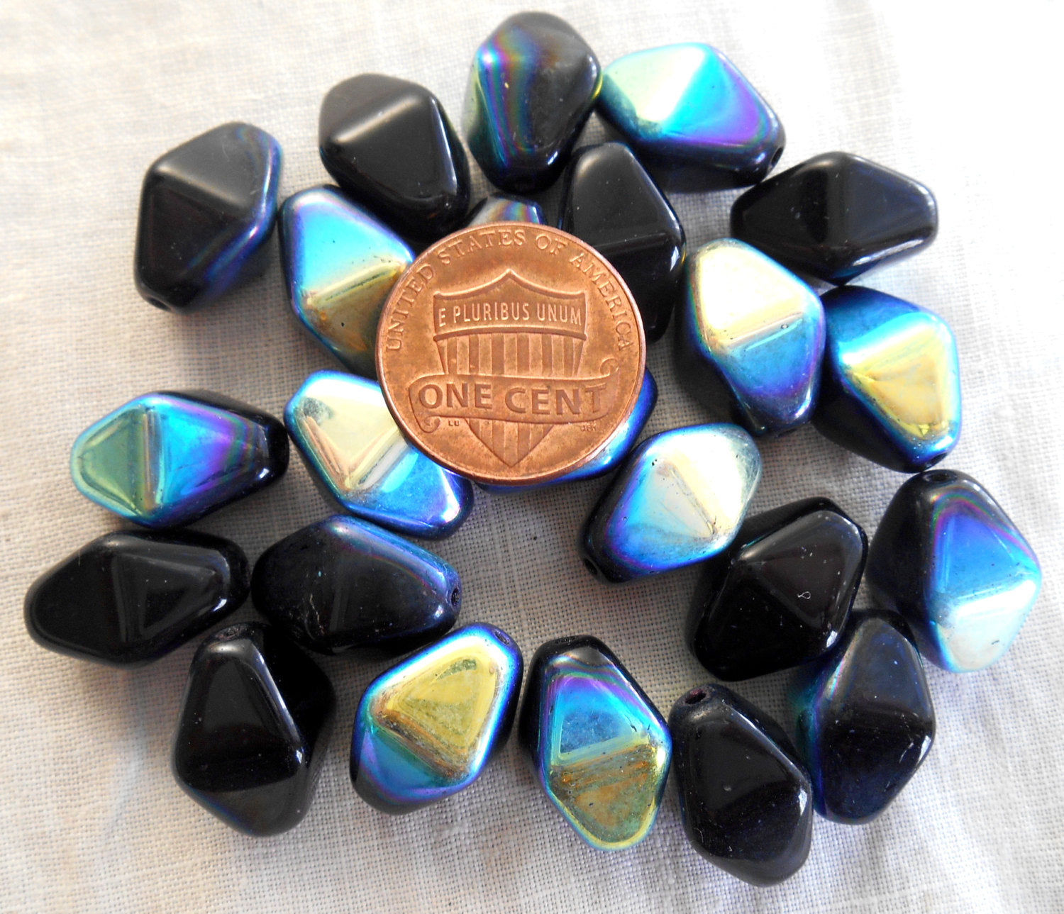 Ten 16 x 13mm opaque jet black AB glass chunky lantern, diamond or tube beads C8110 - Glorious Glass Beads