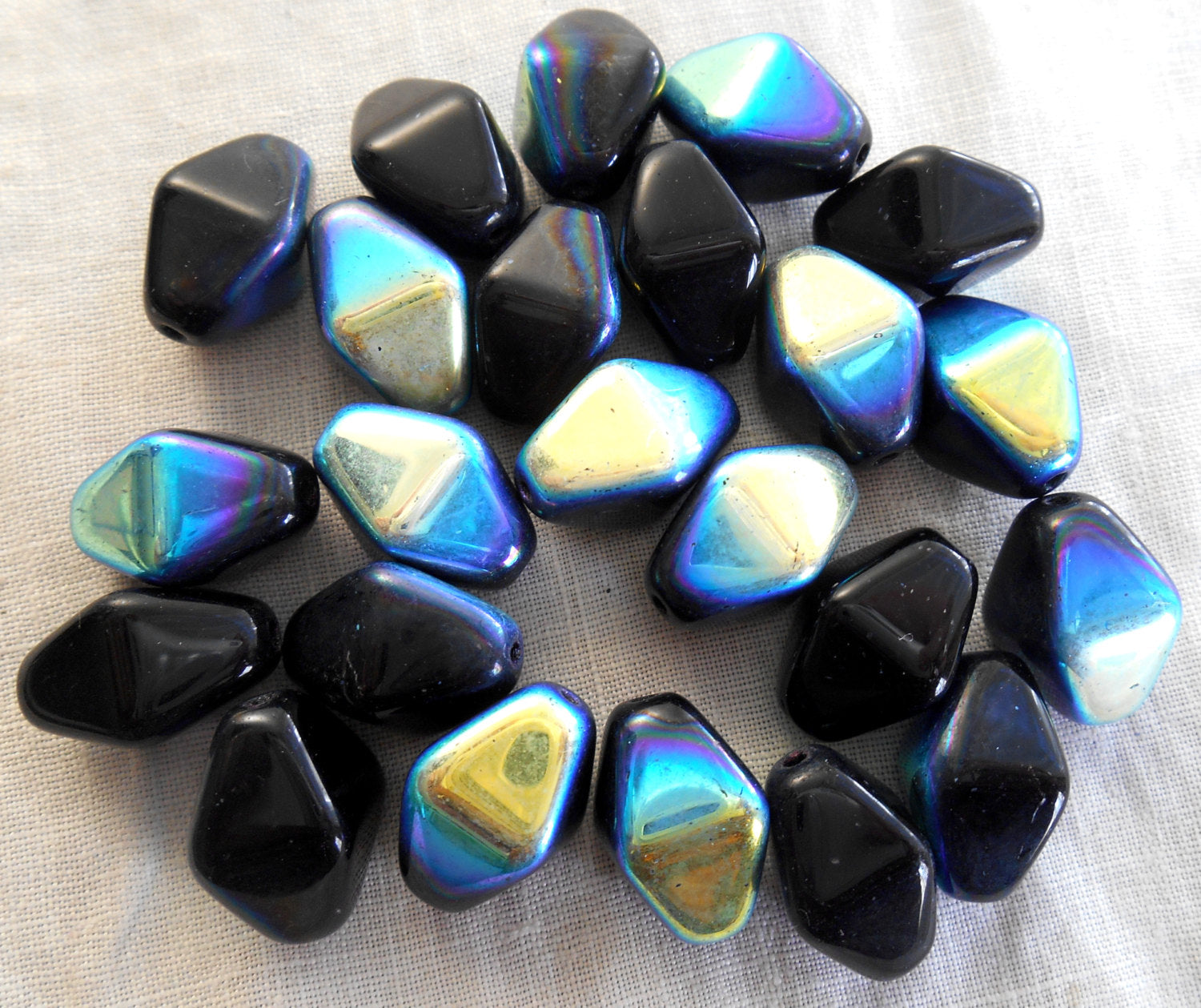 Ten 16 x 13mm opaque jet black AB glass chunky lantern, diamond or tube beads C8110 - Glorious Glass Beads