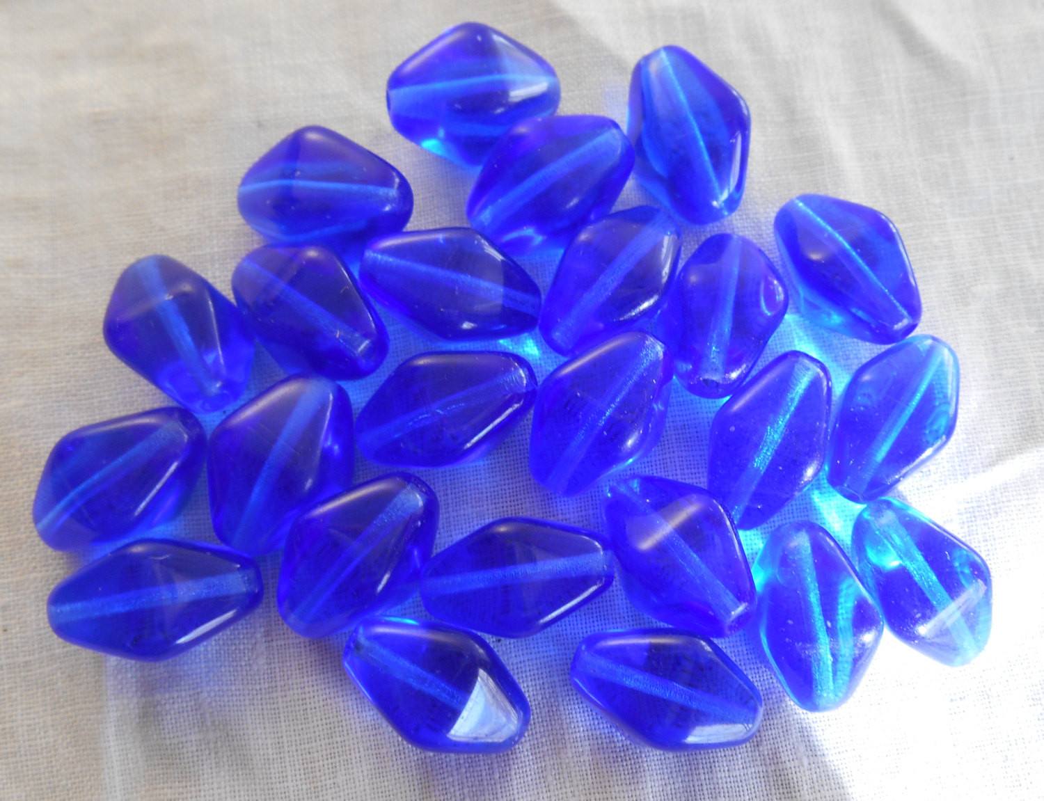 Ten chunky Dark Sapphire Blue Czech glass lantern, diamond or tube beads, 16mm x 13mm, C1210 - Glorious Glass Beads