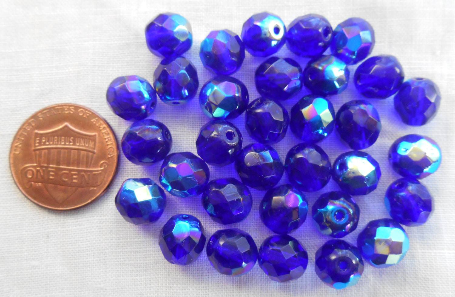 Lot of 25 8mm Czech glass cobalt blue AB firepolished faceted round beads, C1625 - Glorious Glass Beads