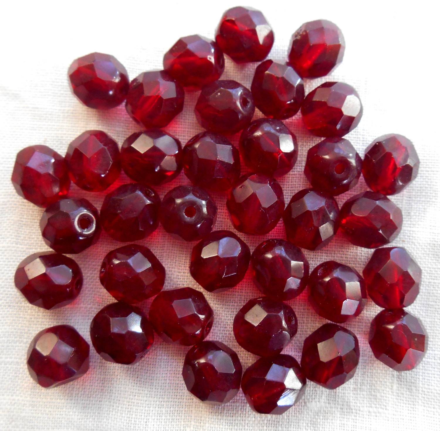 Lot of 25 8mm Ruby Red, Garnet Czech glass, firepolished, faceted round beads, C6525 - Glorious Glass Beads