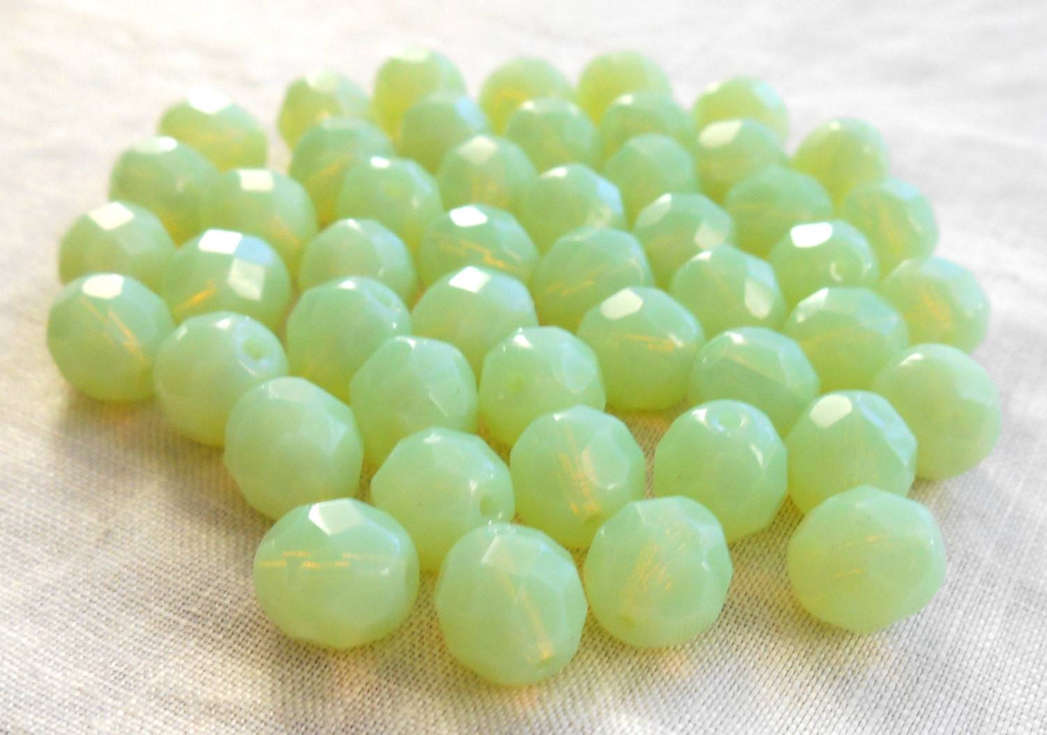 Lot of 25 8mm Light Mint Green Opal, opaque faceted round firepolished glass beads, C7825 - Glorious Glass Beads