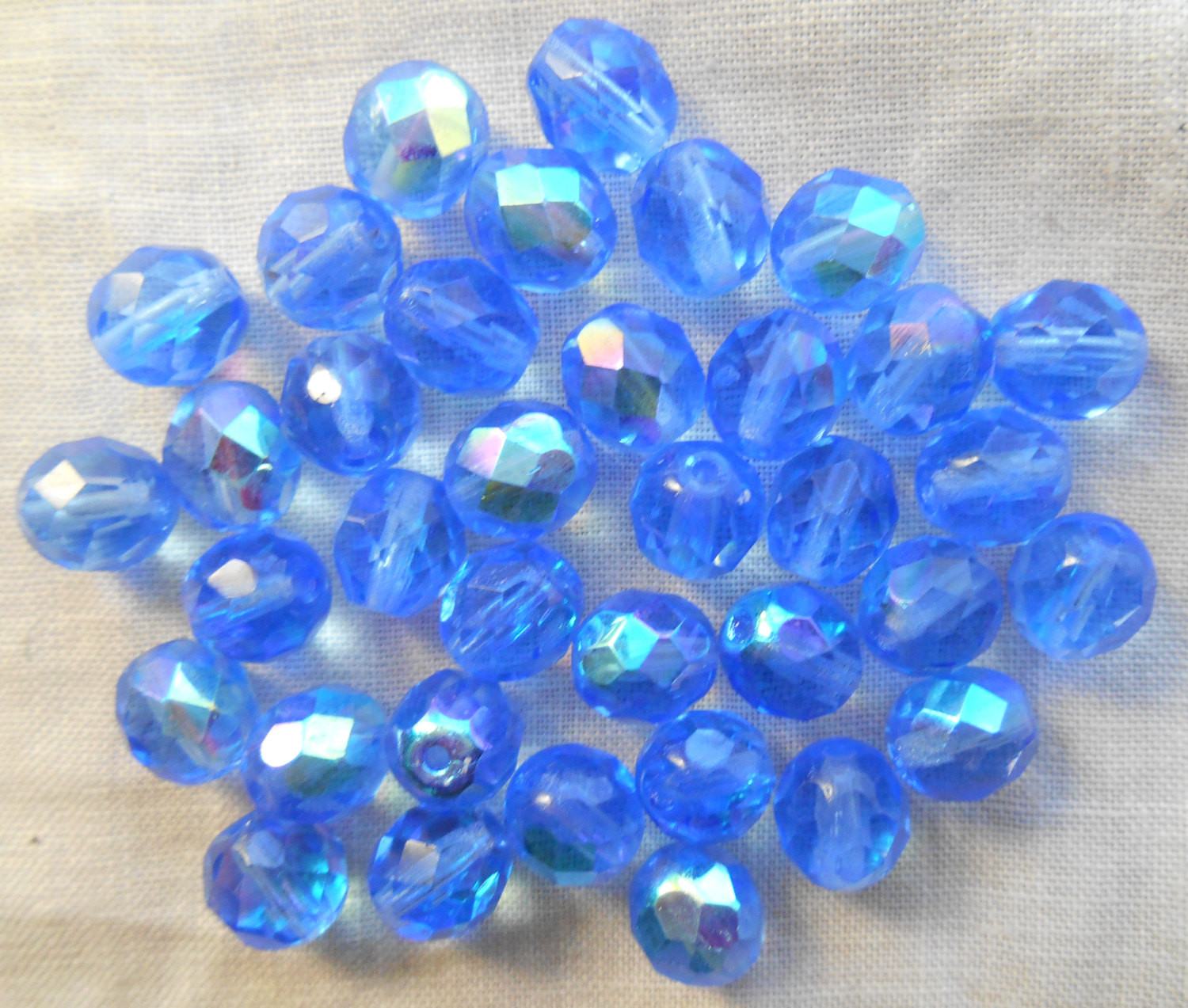Lot of 25 8mm Czech glass Light Blue Sapphire AB, firepolished faceted round beads, C1625 - Glorious Glass Beads