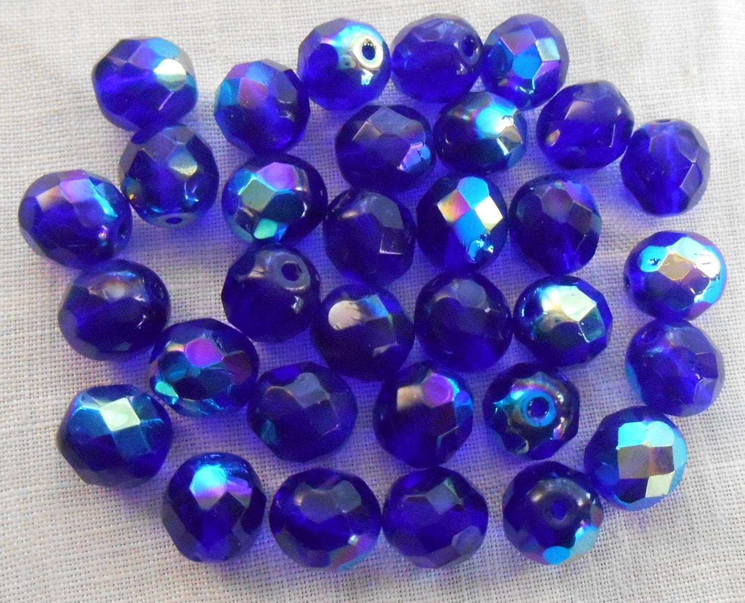 Lot of 25 8mm Czech glass cobalt blue AB firepolished faceted round beads, C1625 - Glorious Glass Beads
