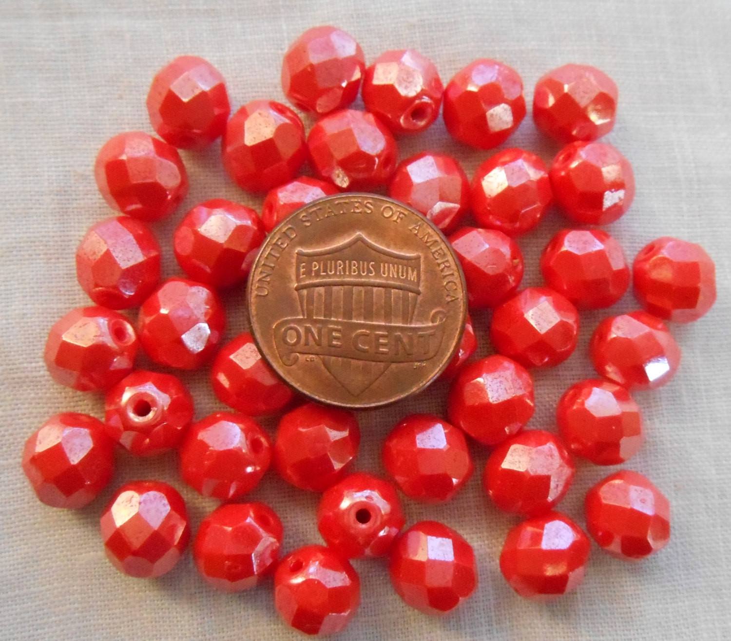 Lot of 25 8mm Czech glass Coral or Orange Shimmer firepolished, faceted round beads, C00125 - Glorious Glass Beads