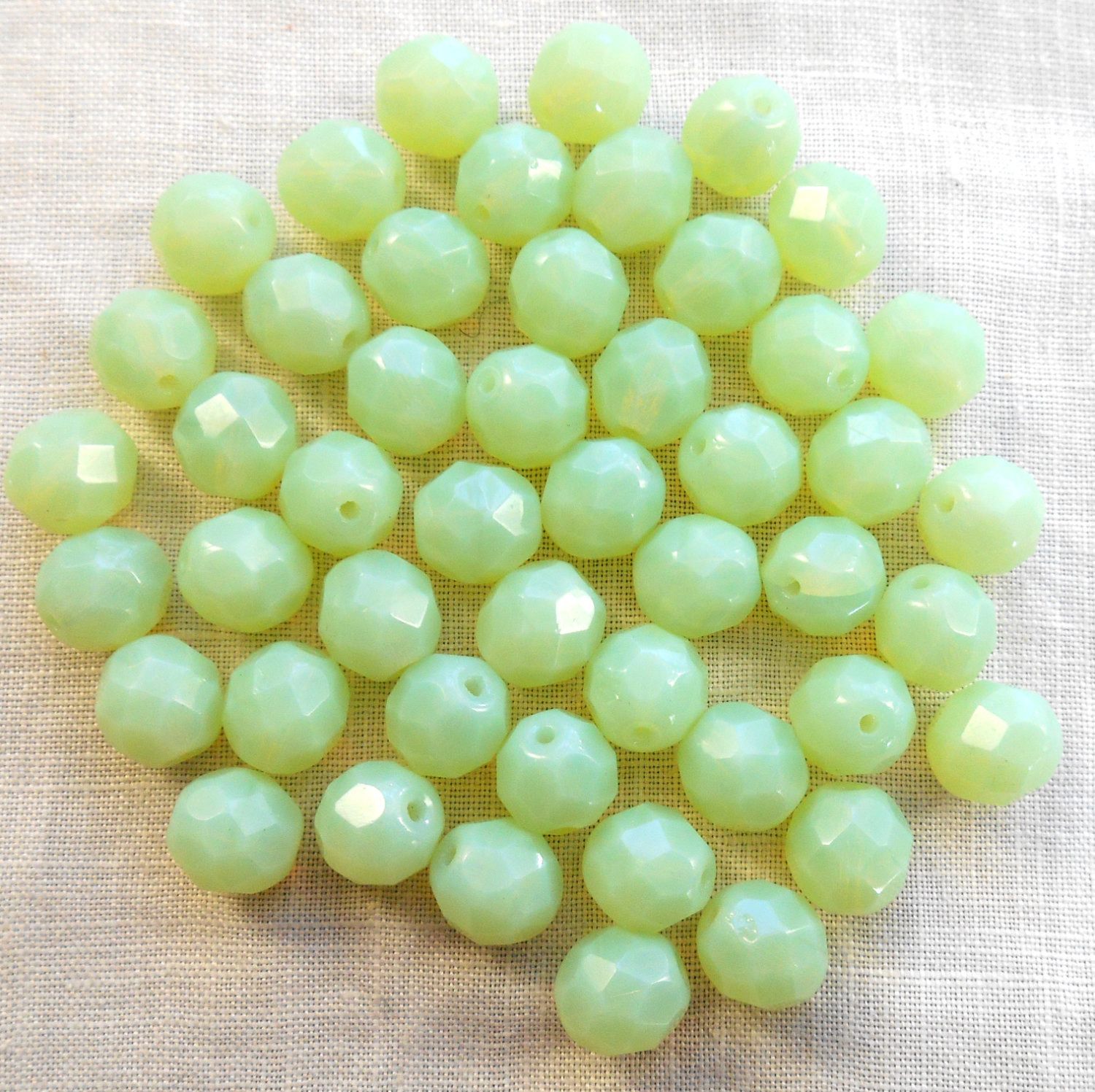 Lot of 25 8mm Light Mint Green Opal, opaque faceted round firepolished glass beads, C7825 - Glorious Glass Beads