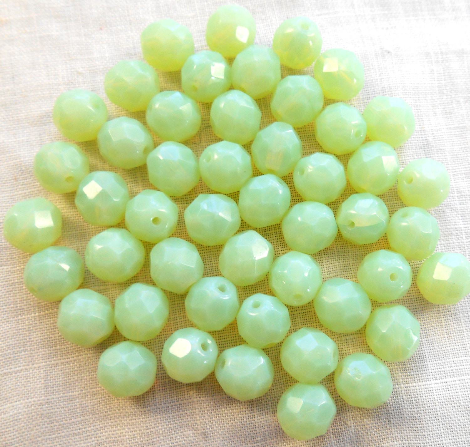 Lot of 25 8mm Light Mint Green Opal, opaque faceted round firepolished glass beads, C7825 - Glorious Glass Beads