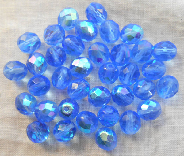 Lot of 25 8mm Czech glass Light Blue Sapphire AB, firepolished faceted round beads, C1625