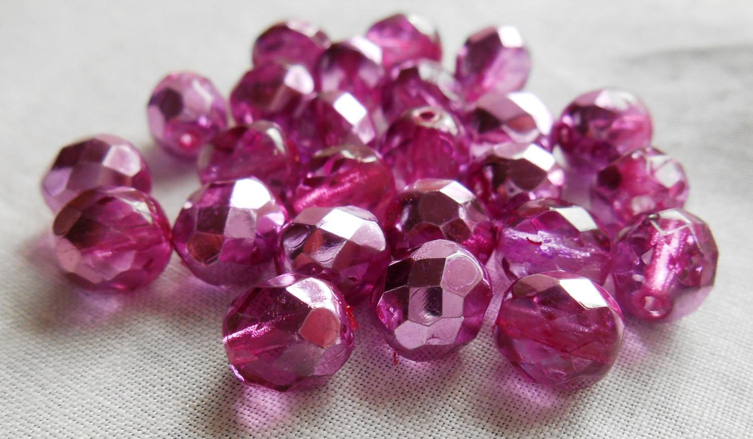 Lot of 25 8mm Pink Rose metallic Ice, faceted round firepolished glass beads, C0825 - Glorious Glass Beads