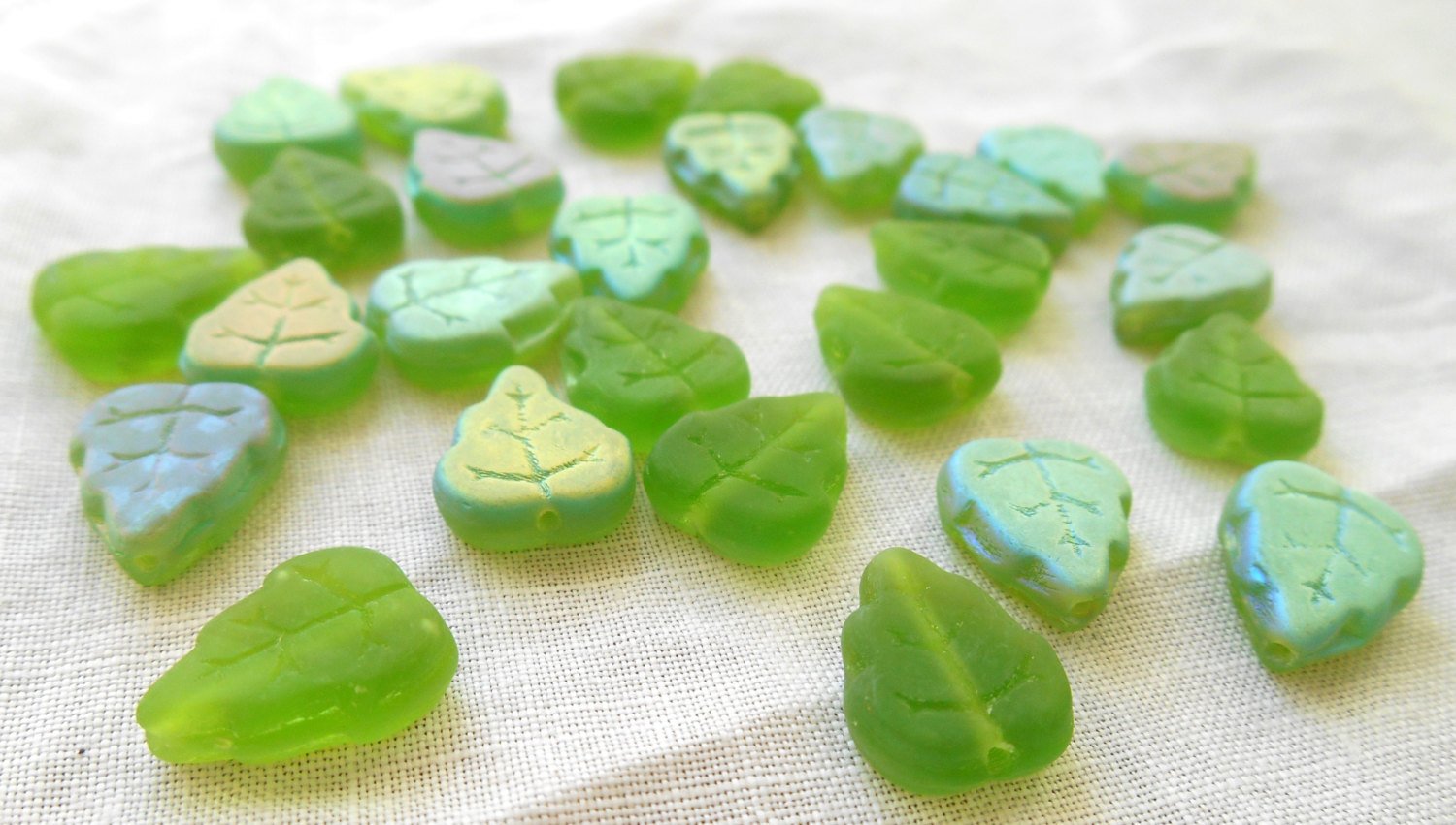25 Czech glass leaf beads - Matte Peridot, Lime Green AB - large 12 x 10mm center drilled leaves - C63152 - Glorious Glass Beads