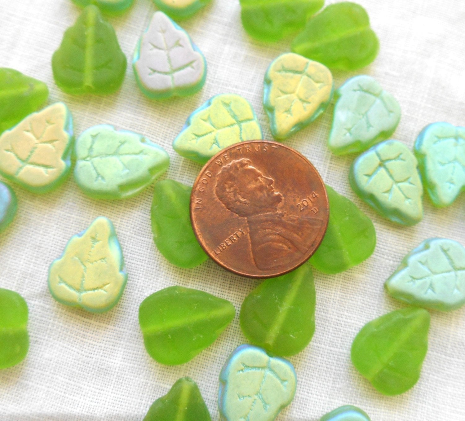 25 Czech glass leaf beads - Matte Peridot, Lime Green AB - large 12 x 10mm center drilled leaves - C63152 - Glorious Glass Beads
