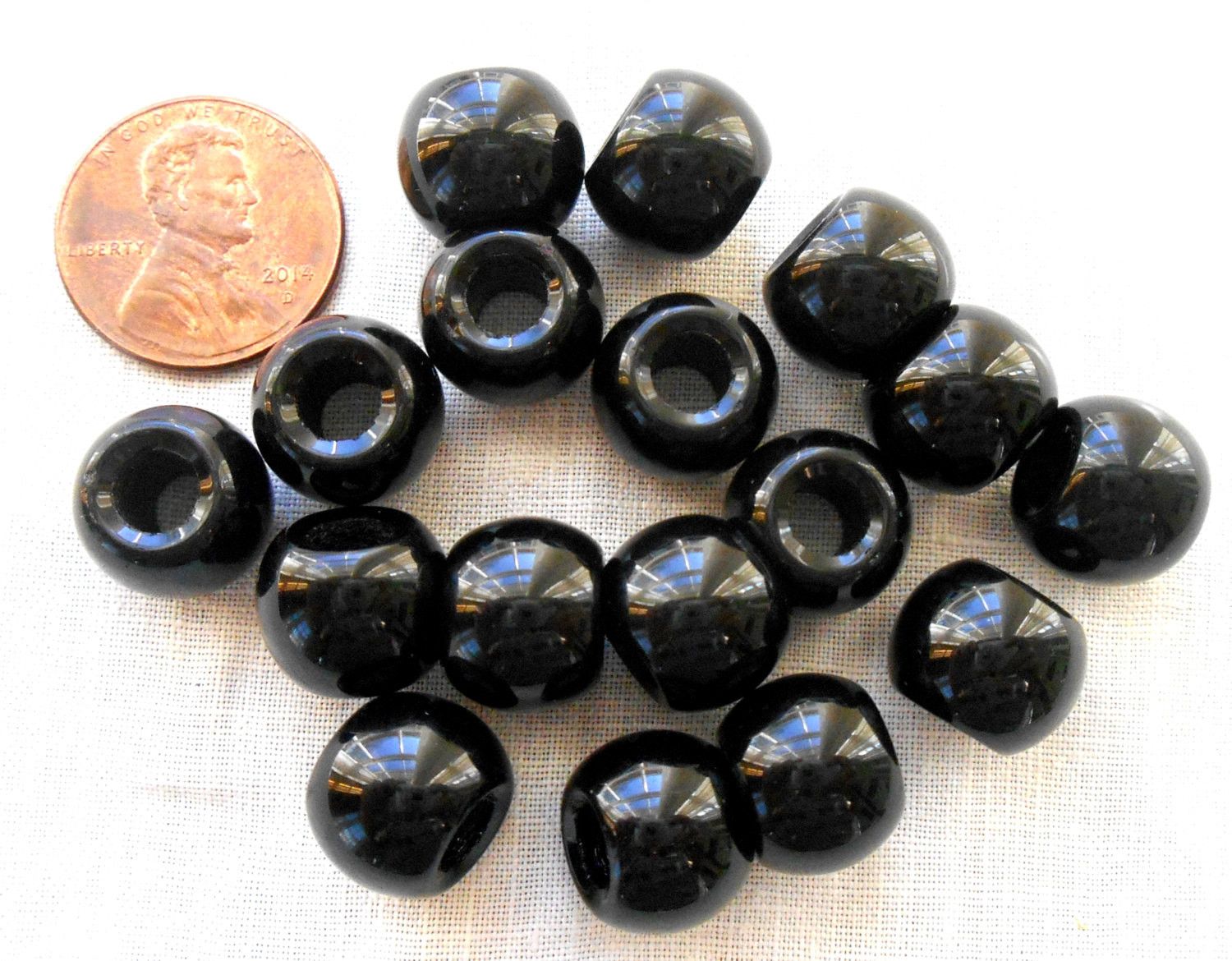 Six round opaque 12mm Jet Black large glass beads, big 4.5mm holes, Pandora, European, C8401 - Glorious Glass Beads