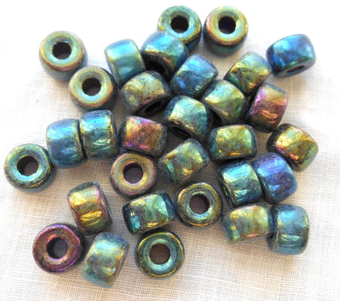 Lot of 25 9mm Czech Green Iris glass pony roller beads, large hole crow beads, C1550 - Glorious Glass Beads