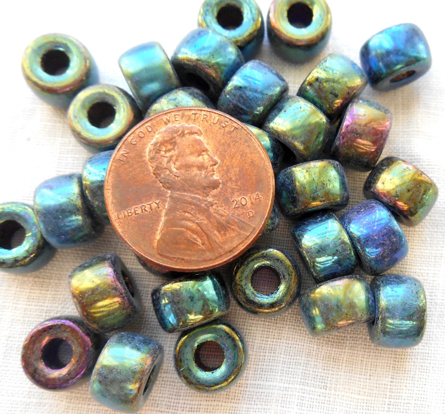 Lot of 25 9mm Czech Green Iris glass pony roller beads, large hole crow beads, C1550 - Glorious Glass Beads