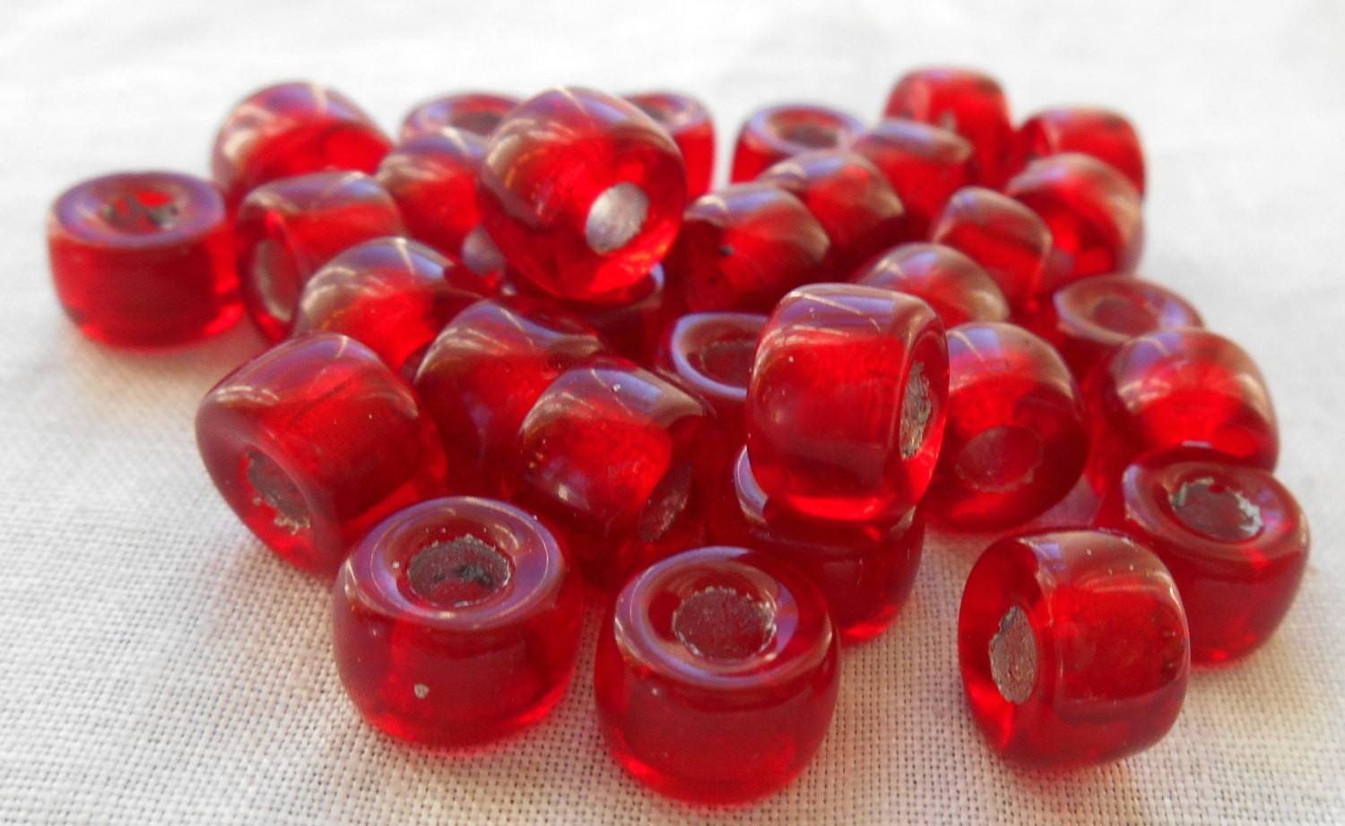 Lot of 25 9mm Czech Ruby Red Silver Lined glass pony roller beads, large hole crow beads, C6625 - Glorious Glass Beads