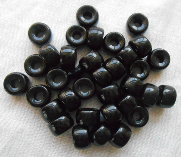 Lot of 25 9mm Czech Opaque Jet Black glass pony roller beads, large hole crow beads, C7625