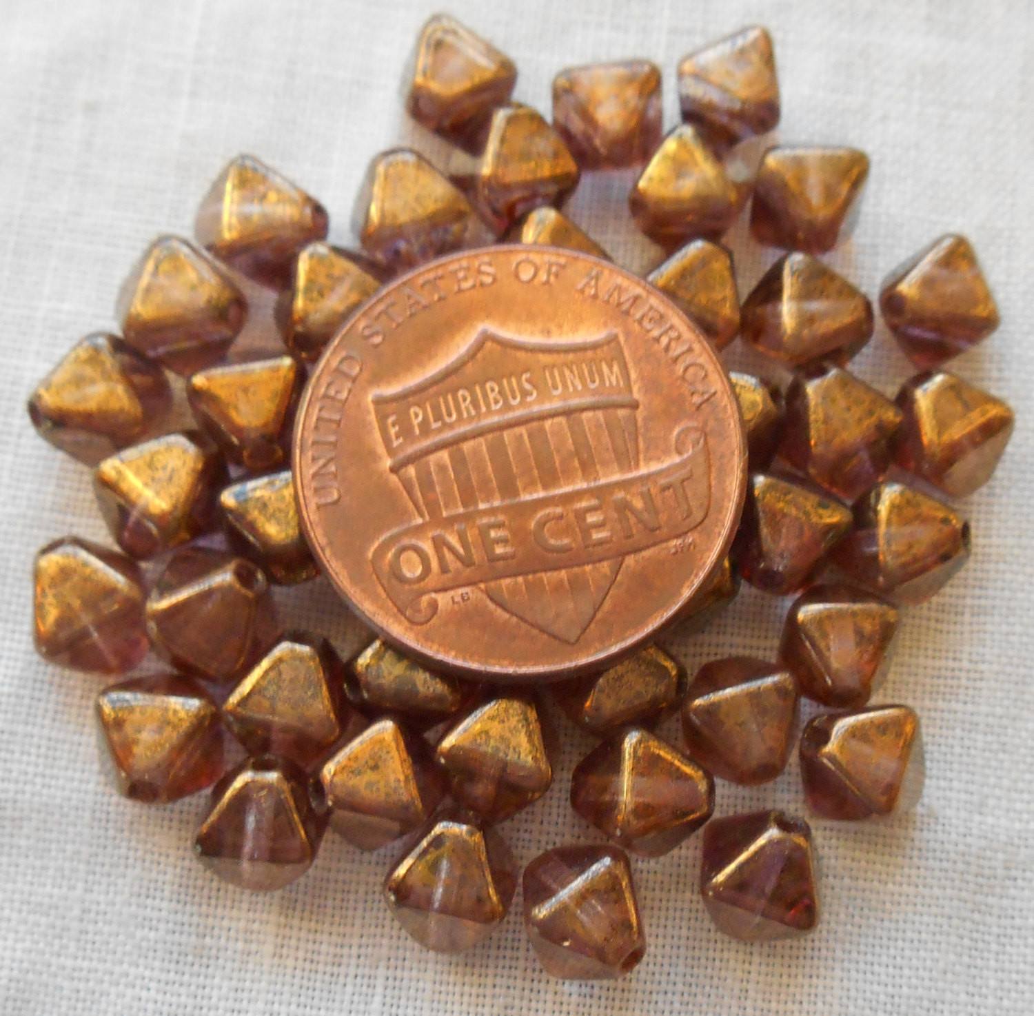 Fifty 6mm iridescent Lumi Brown bicones, pressed glass Czech bicone beads, C7850 - Glorious Glass Beads