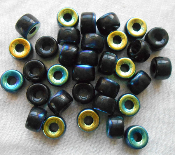 Lot of 25 9mm Czech Jet Black AB glass pony roller beads, large hole crow beads, C9325