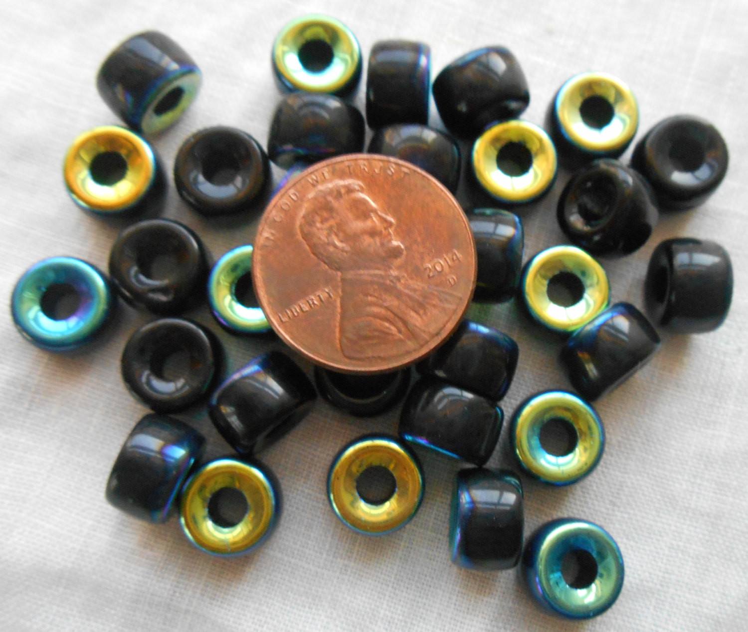 Lot of 25 9mm Czech Jet Black AB glass pony roller beads, large hole crow beads, C9325 - Glorious Glass Beads