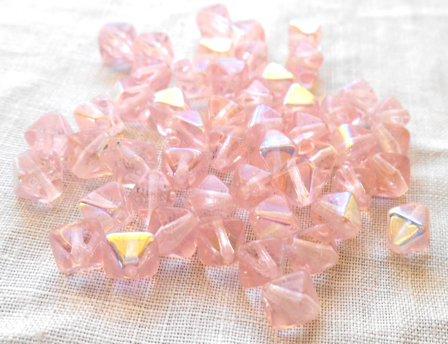 Fifty 6mm Light Pink AB bicones, pressed glass Czech bicone beads, C7850 - Glorious Glass Beads