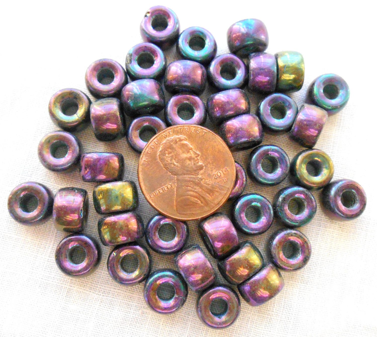 Lot of 25 9mm Czech iridescent multicolored glass Purple Iris pony roller beads, large hole crow beads, C3525 - Glorious Glass Beads