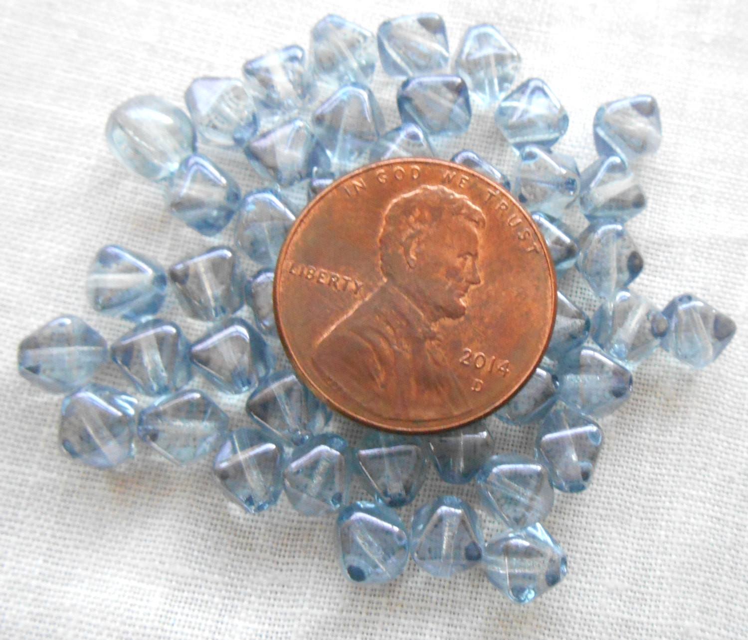 Fifty 6mm iridescent Lumi Blue bicones pressed glass Czech bicone beads, C7850 - Glorious Glass Beads