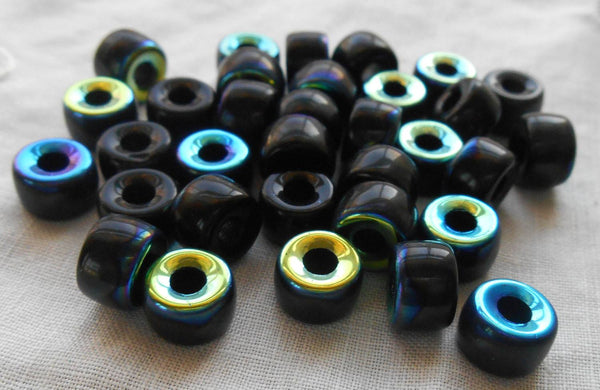 Lot of 25 9mm Czech Jet Black AB glass pony roller beads, large hole crow beads, C9325 - Glorious Glass Beads