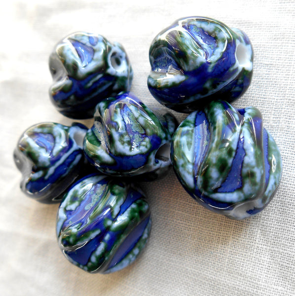 One large blue and green twisted oval ceramic focal bead, 18mm by 17mm, big hole, large hole, 2.75mm hole, sold by the piece C5401 - Glorious Glass Beads