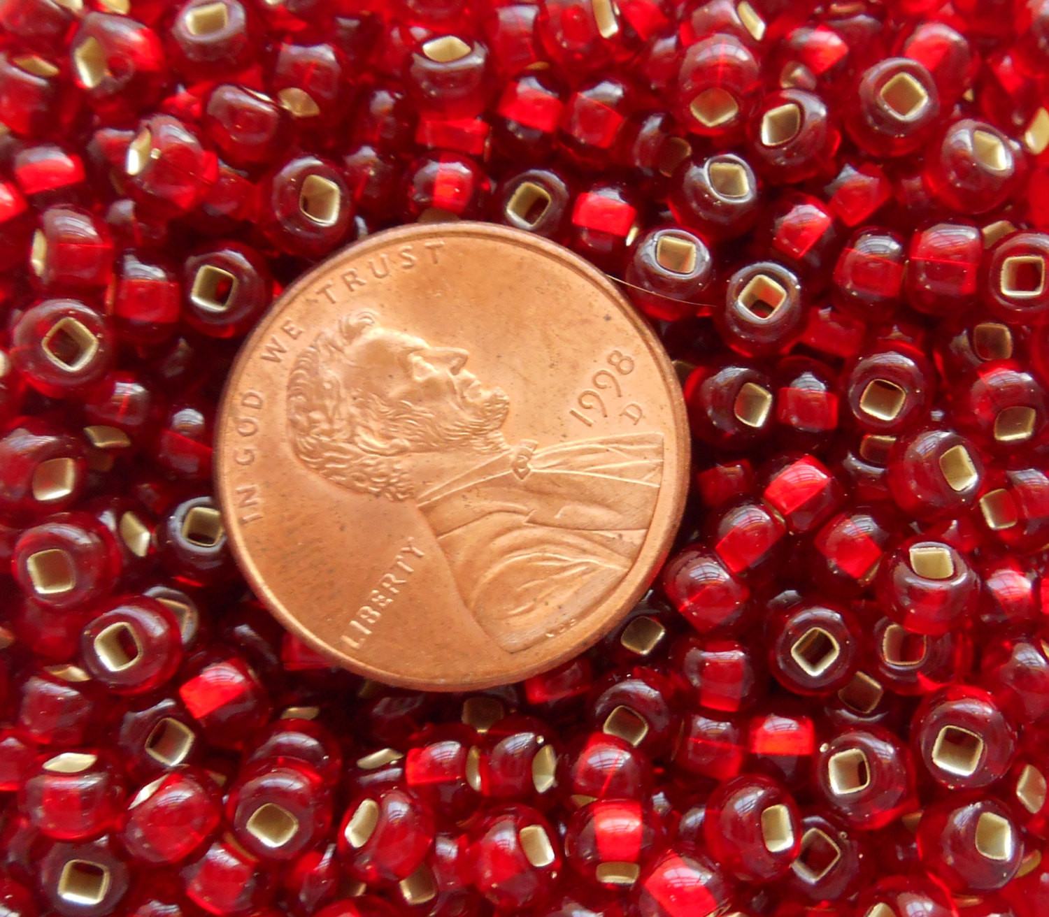 Pkg of 24 grams Ruby Red Silver Lined Czech 6/0 large glass seed beads, size 6 Preciosa Rocaille 4mm spacer beads, big hole, C9524 - Glorious Glass Beads