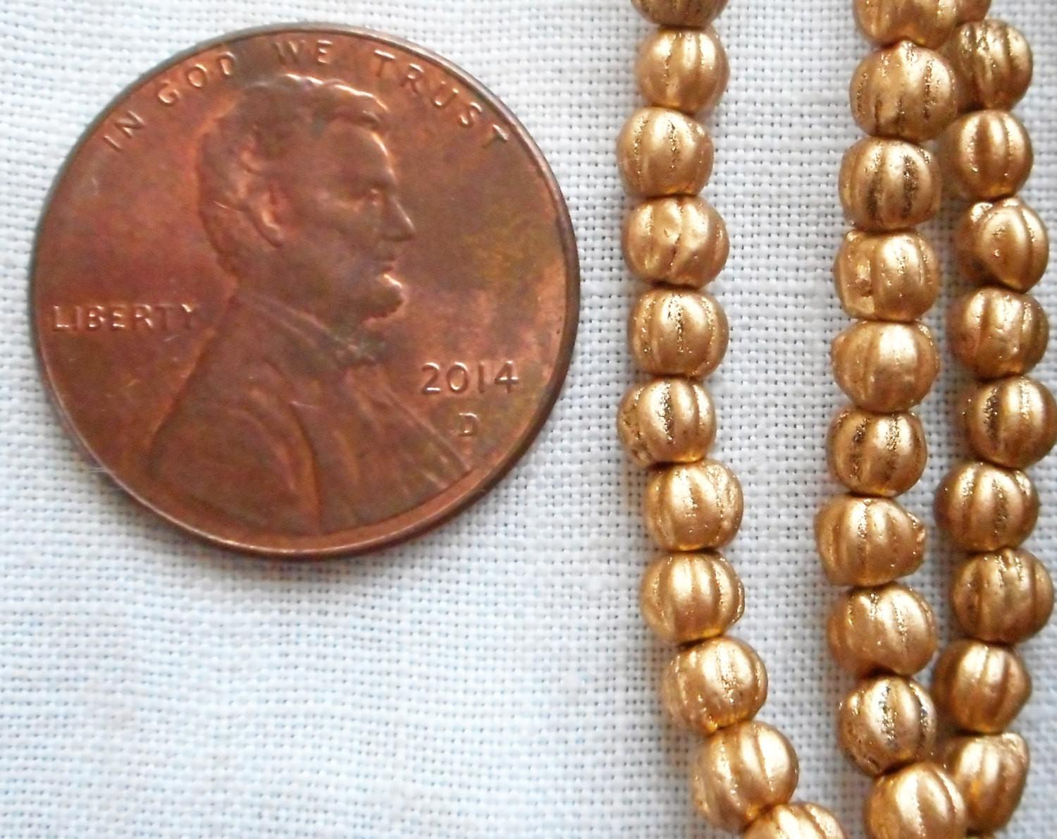 Lot of 100 3mm Matte Metallic Flax Gold melon beads, Czech pressed glass beads C53101 - Glorious Glass Beads