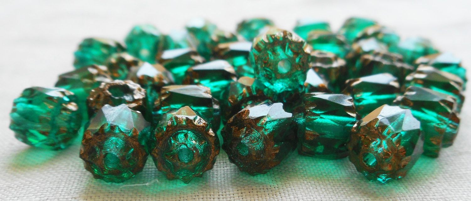 Lot of 25 Teal, Blue Green 6mm crown picasso beads, faceted, firepolished, antique cut, Czech glass beads C1801 - Glorious Glass Beads