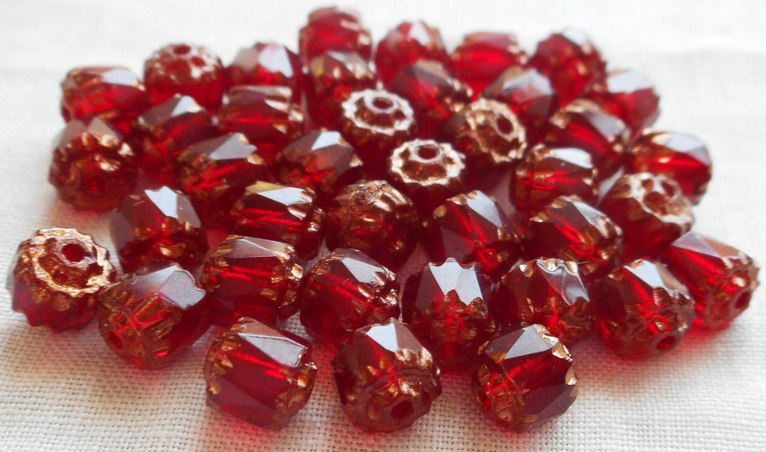 Lot of 25 Garnet, Ruby Red 6mm crown picasso beads, faceted, firepolished, antique cut, Czech glass beads C1801 - Glorious Glass Beads